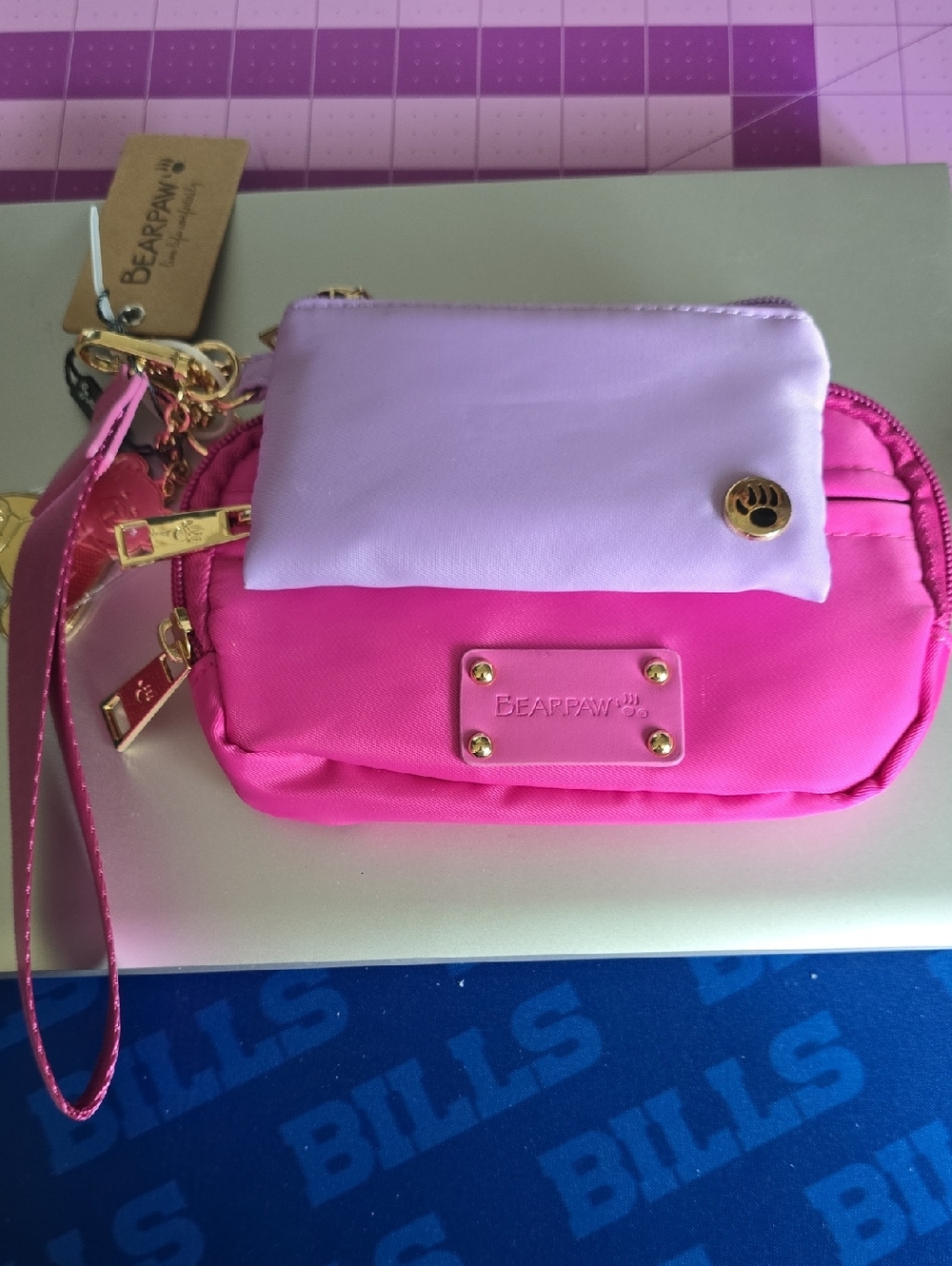 BearPaw Pink and Light Purple Wristlet Pouch with Gold Hardware